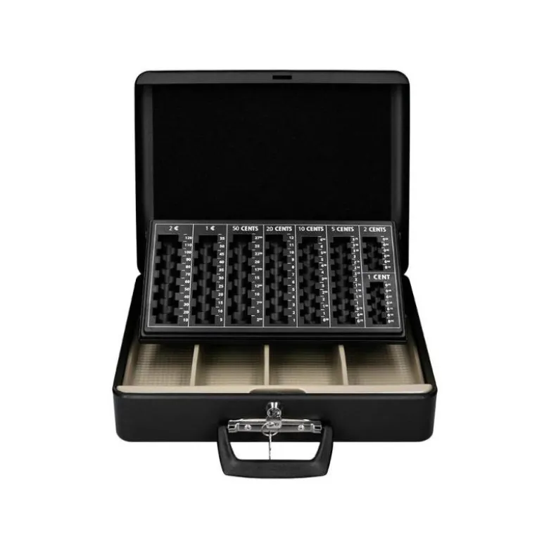 Caja caudales Q-Connect 14,5" 370x290x110 mm negro con bandeja portamonedas y para billetes
