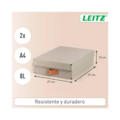 CAJA DE ALMACENAJE LEITZ CARTON MEDIANA BAJA CON ASA DE PIEL COLOR BEIGE PACK DE 2 UNIDADES