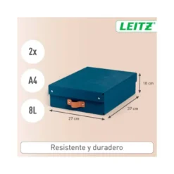 CAJA DE ALMACENAJE LEITZ CARTON MEDIANA BAJA CON ASA DE PIEL COLOR AZUL PACK DE 2 UNIDADES