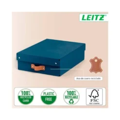 CAJA DE ALMACENAJE LEITZ CARTON MEDIANA BAJA CON ASA DE PIEL COLOR AZUL PACK DE 2 UNIDADES