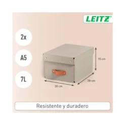 CAJA DE ALMACENAJE LEITZ CARTON PEQUEÑA CON ASA DE PIEL COLOR BEIGE PACK DE 2 UNIDADES