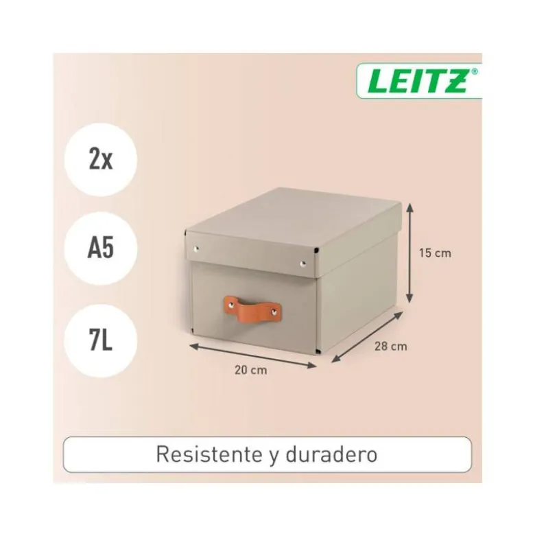 CAJA DE ALMACENAJE LEITZ CARTON PEQUEÑA CON ASA DE PIEL COLOR BEIGE PACK DE 2 UNIDADES