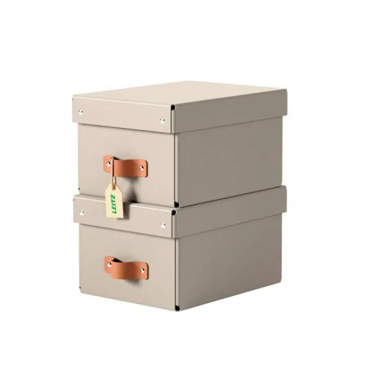 CAJA DE ALMACENAJE LEITZ CARTON PEQUEÑA CON ASA DE PIEL COLOR BEIGE PACK DE 2 UNIDADES