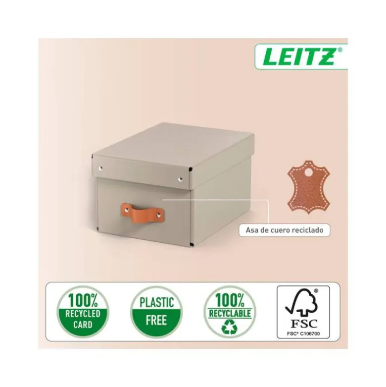 CAJA DE ALMACENAJE LEITZ CARTON PEQUEÑA CON ASA DE PIEL COLOR BEIGE PACK DE 2 UNIDADES