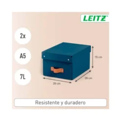 CAJA DE ALMACENAJE LEITZ CARTON PEQUEÑA CON ASA DE PIEL COLOR AZUL PACK DE 2 UNIDADES