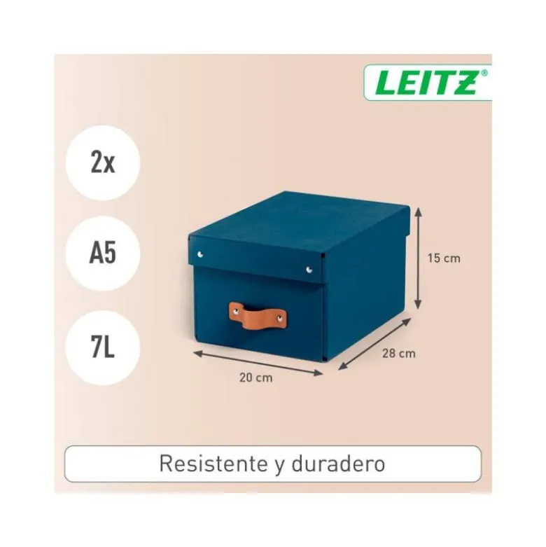CAJA DE ALMACENAJE LEITZ CARTON PEQUEÑA CON ASA DE PIEL COLOR AZUL PACK DE 2 UNIDADES