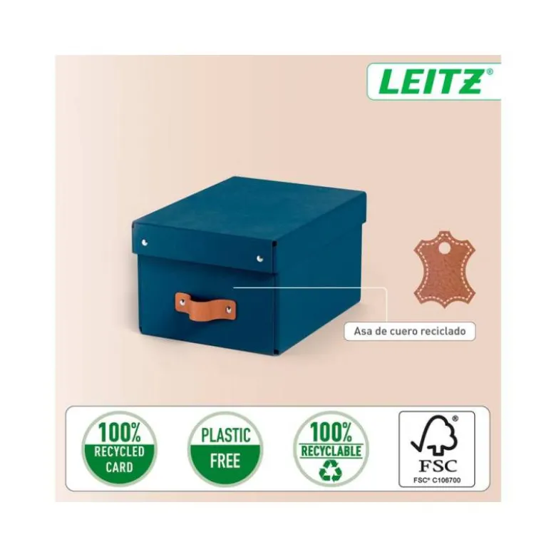 CAJA DE ALMACENAJE LEITZ CARTON PEQUEÑA CON ASA DE PIEL COLOR AZUL PACK DE 2 UNIDADES