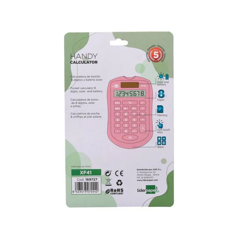 CALCULADORA LIDERPAPEL BOLSILLO XF41 8 DIGITOS SOLAR Y PILAS COLOR ROSA 94X59,5X10,5MM