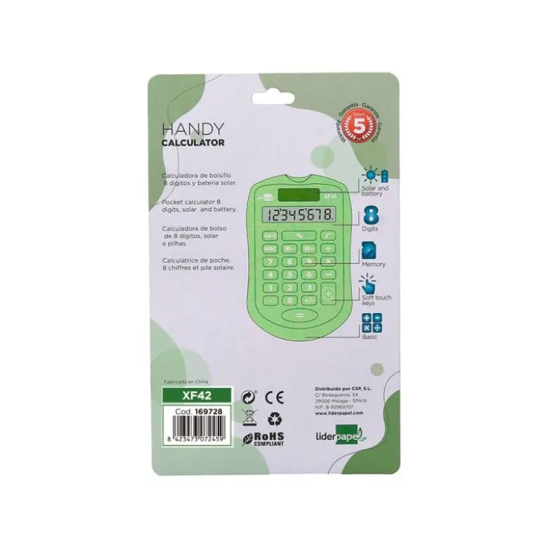 CALCULADORA LIDERPAPEL BOLSILLO XF42 8 DIGITOS SOLAR Y PILAS COLOR VERDE 94X59,5X10,5MM