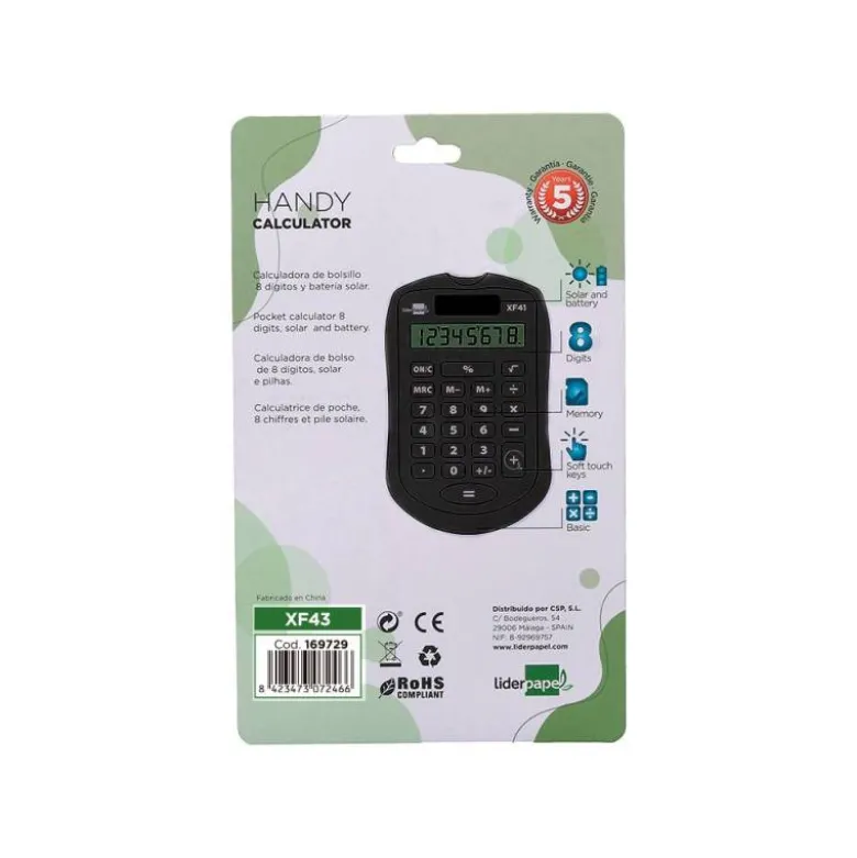 CALCULADORA LIDERPAPEL BOLSILLO XF43 8 DIGITOS SOLAR Y PILAS COLOR NEGRO 94X59,5X10,5MM