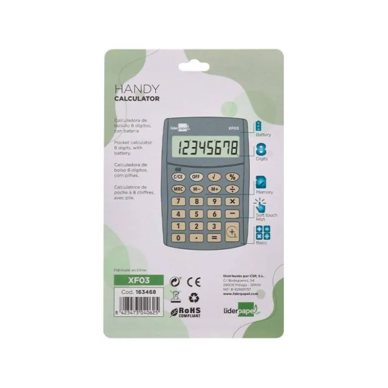CALCULADORA LIDERPAPEL BOLSILLO XF03 8 DIGITOS PILAS COLOR GRIS 99X64X9 MM