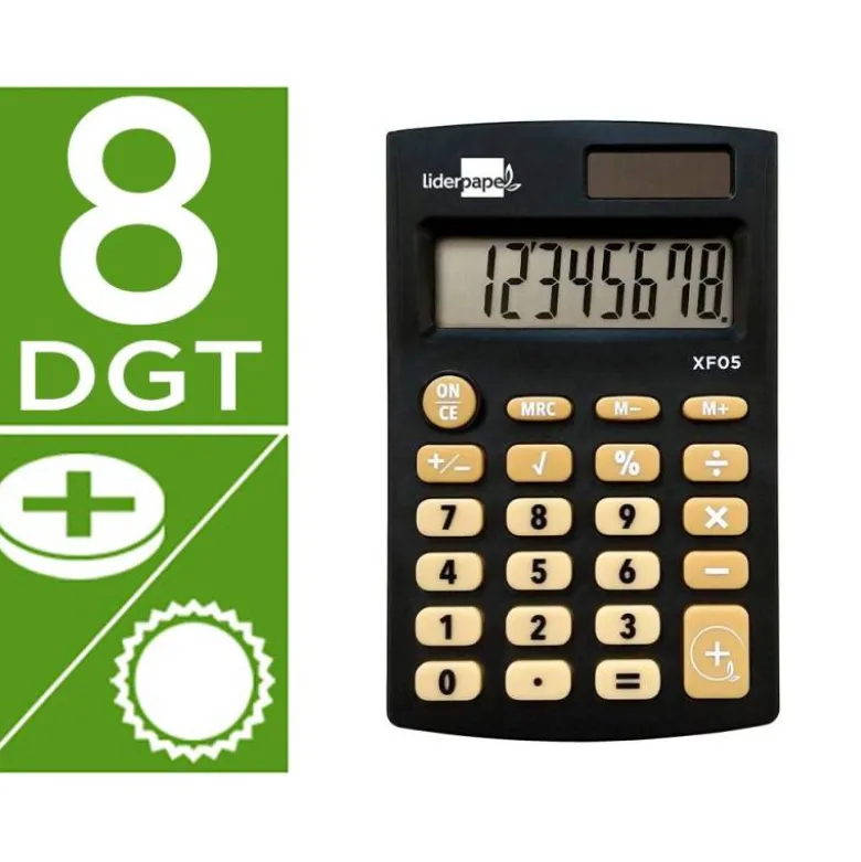 CALCULADORA LIDERPAPEL BOLSILLO XF05 8 DIGITOS SOLAR Y PILAS COLOR NEGRO 98X62X8 MM