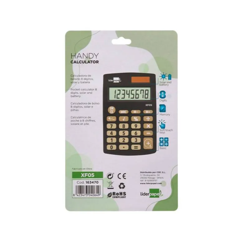 CALCULADORA LIDERPAPEL BOLSILLO XF05 8 DIGITOS SOLAR Y PILAS COLOR NEGRO 98X62X8 MM