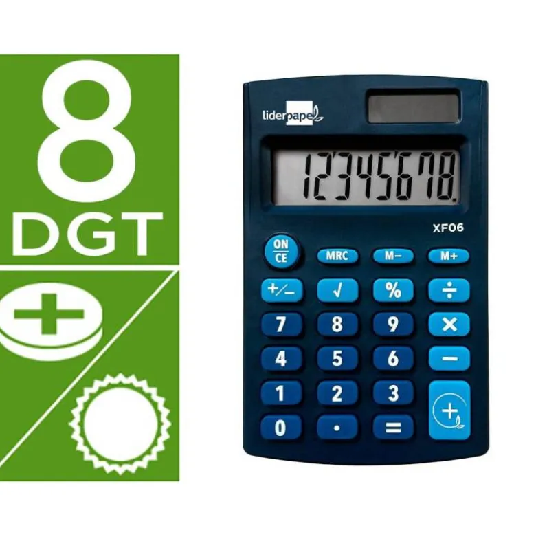CALCULADORA LIDERPAPEL BOLSILLO XF06 8 DIGITOS SOLAR Y PILAS COLOR AZUL 98X62X8 MM