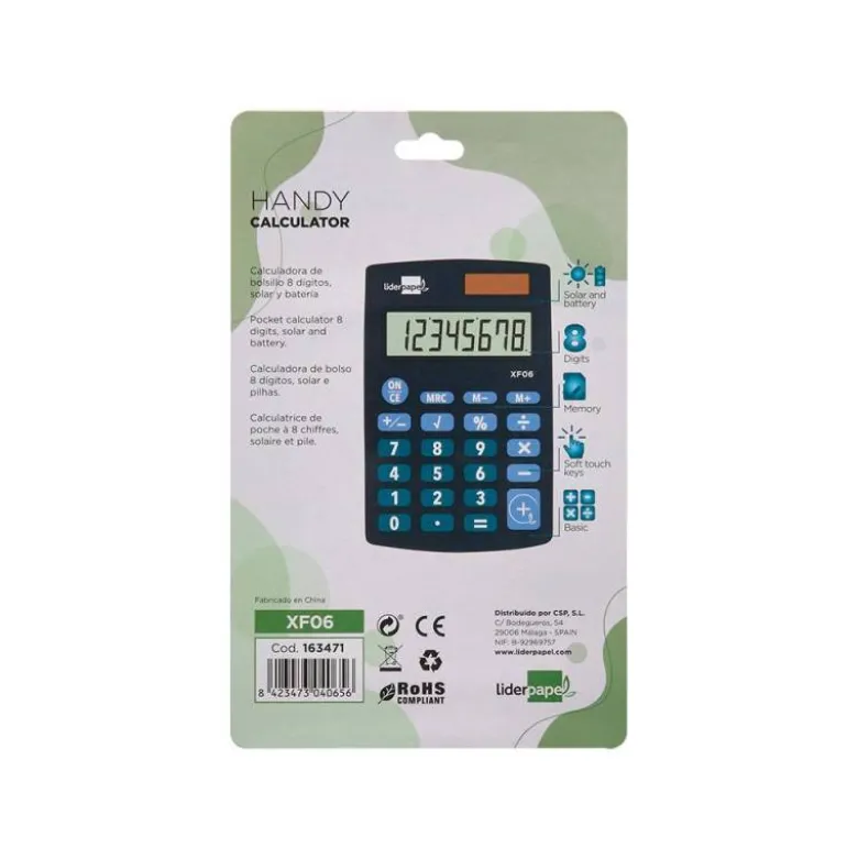 CALCULADORA LIDERPAPEL BOLSILLO XF06 8 DIGITOS SOLAR Y PILAS COLOR AZUL 98X62X8 MM