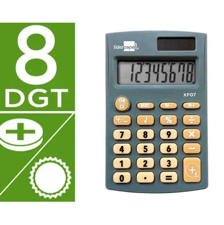 CALCULADORA LIDERPAPEL BOLSILLO XF07 8 DIGITOS SOLAR Y PILAS COLOR GRIS 98X62X8 MM