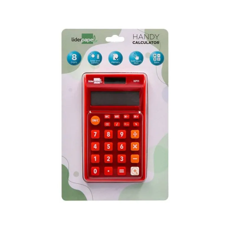 CALCULADORA LIDERPAPEL BOLSILLO XF11 8 DIGITOS SOLAR Y PILAS COLOR ROJO 115X65X8 MM