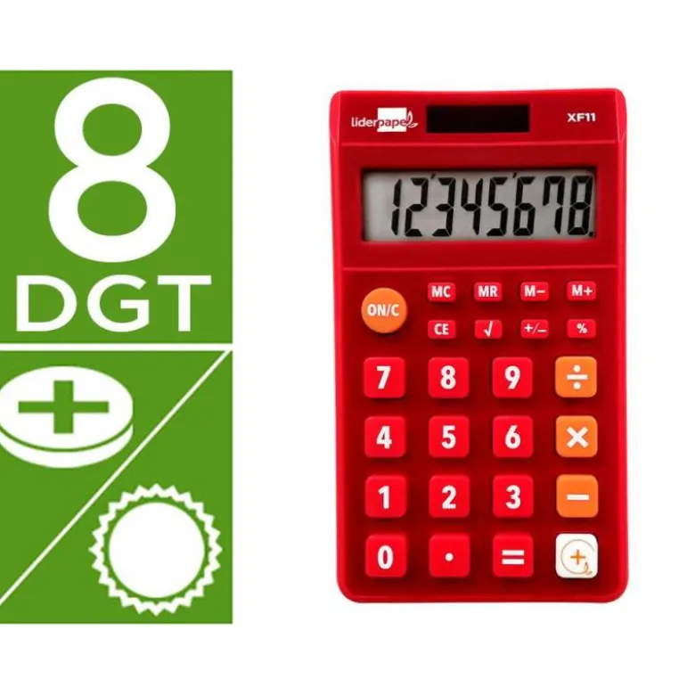 CALCULADORA LIDERPAPEL BOLSILLO XF11 8 DIGITOS SOLAR Y PILAS COLOR ROJO 115X65X8 MM