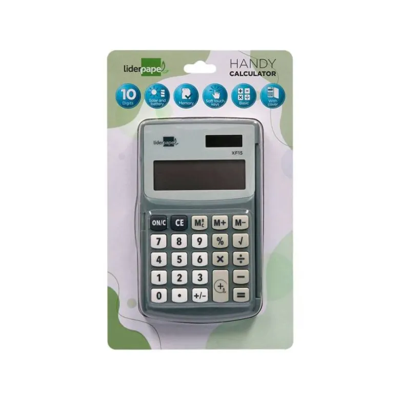 CALCULADORA LIDERPAPEL BOLSILLO XF15 10 DIGITOS CON TAPA SOLAR Y PILAS COLOR GRIS 123X75X12 MM
