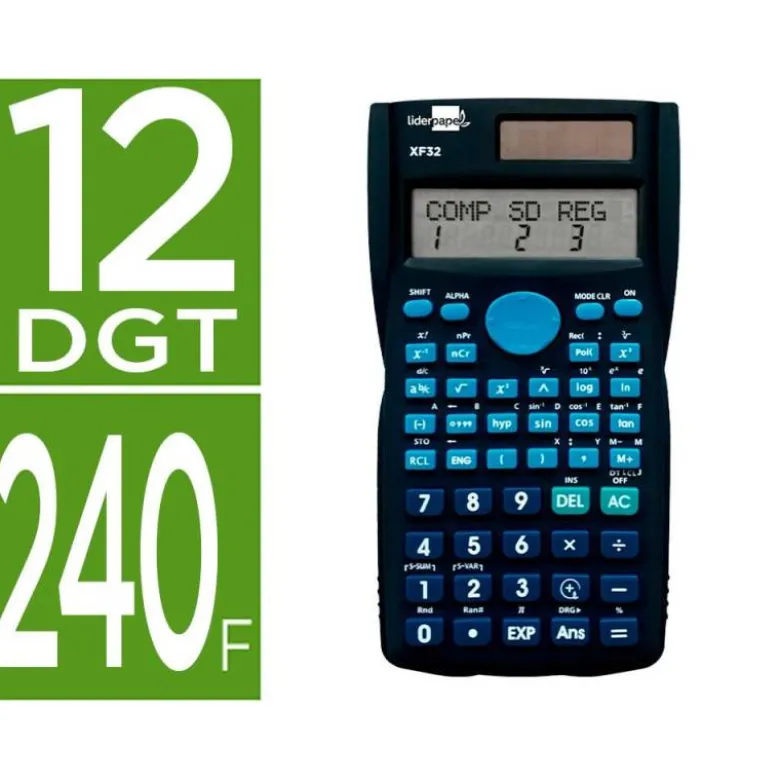 CALCULADORA LIDERPAPEL CIENTIFICA XF32 12 DIGITOS 240 FUNCIONES CON TAPA SOLAR Y PILAS COLOR AZUL 156X85X20
