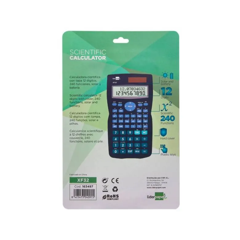 CALCULADORA LIDERPAPEL CIENTIFICA XF32 12 DIGITOS 240 FUNCIONES CON TAPA SOLAR Y PILAS COLOR AZUL 156X85X20