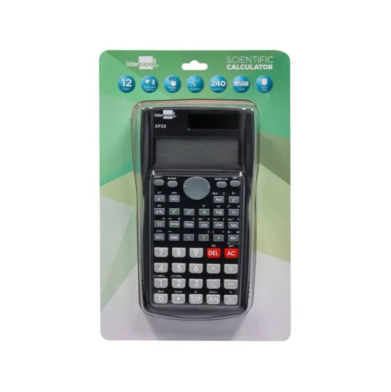 CALCULADORA LIDERPAPEL CIENTIFICA XF33 12 DIGITOS 240 FUNCIONES CON TAPA SOLAR Y PILAS COLOR NEGRO 156X85X20