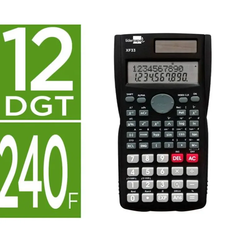 CALCULADORA LIDERPAPEL CIENTIFICA XF33 12 DIGITOS 240 FUNCIONES CON TAPA SOLAR Y PILAS COLOR NEGRO 156X85X20