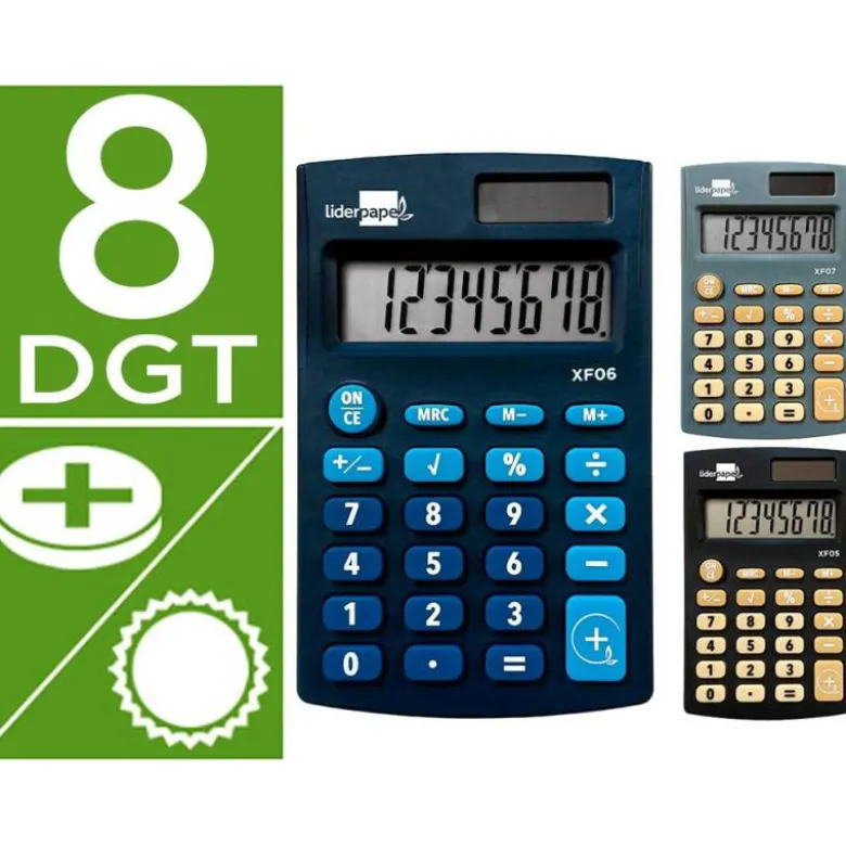 CALCULADORA LIDERPAPEL EXPOSITOR 16 UNIDADES COLORES BOLSILLO XF08 8 DIGITOS SOLAR Y PILAS 98X62X8 MM