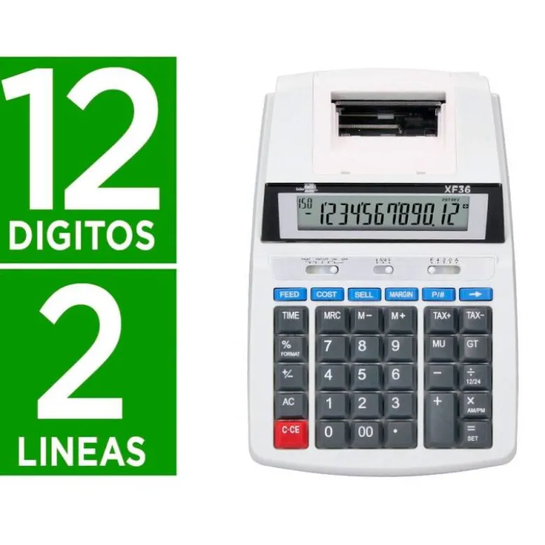 CALCULADORA LIDERPAPEL IMPRESORA PANTALLA PAPEL 58 MM 12 DIGITOS IMPRESION BICOLOR BLANCA 235X155X62 MM