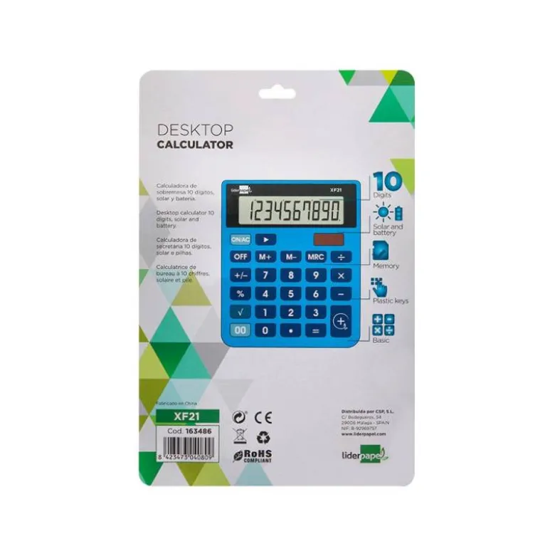 CALCULADORA LIDERPAPEL SOBREMESA XF21 10 DIGITOS SOLAR Y PILAS COLOR AZUL 127X105X24 MM