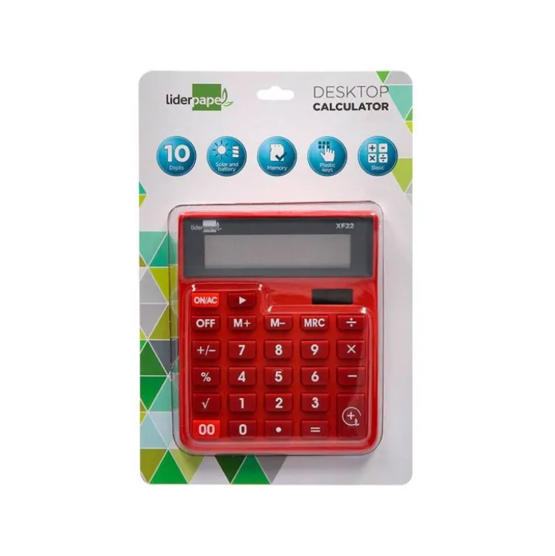 CALCULADORA LIDERPAPEL SOBREMESA XF22 10 DIGITOS SOLAR Y PILAS COLOR ROJO 127X105X24 MM