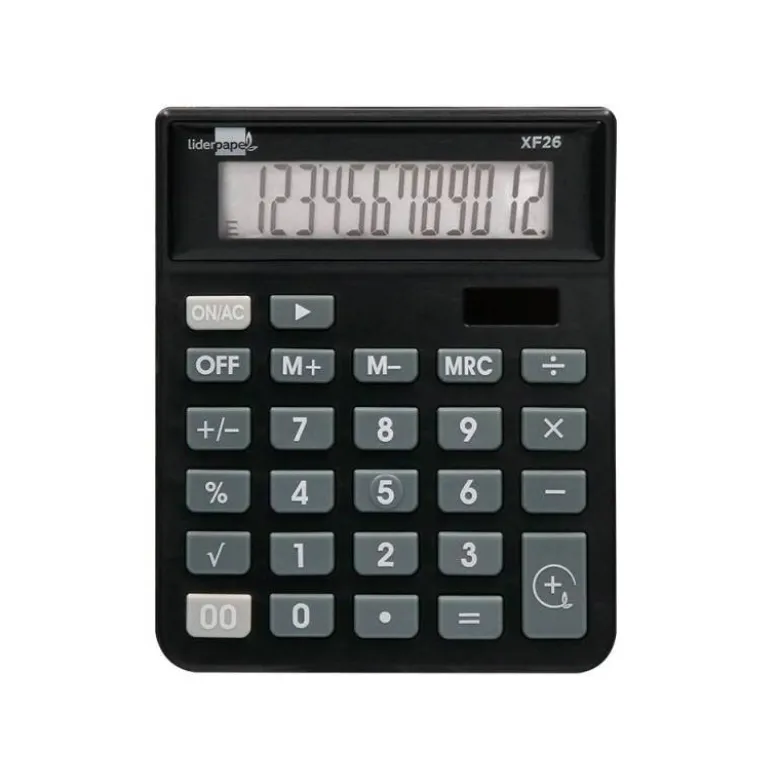CALCULADORA LIDERPAPEL SOBREMESA XF26 12 DIGITOS SOLAR Y PILAS 127X105X24 MM COLOR NEGRO