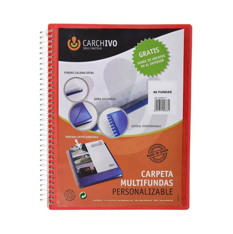 CARPETA CARCHIVO ARCHIVEX POLIPROPILENO CANGURO ESCAPARATE CON ESPIRAL 40 FUNDAS CIERRE GOMASDIN A4
