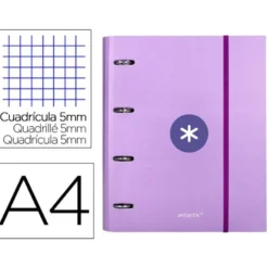 CARPETA CON RECAMBIO LIDERPAPEL ANTARTIK A4 CUADRO 5MM FORRADA 4 ANILLAS 40MM REDONDAS COLOR LAVANDA