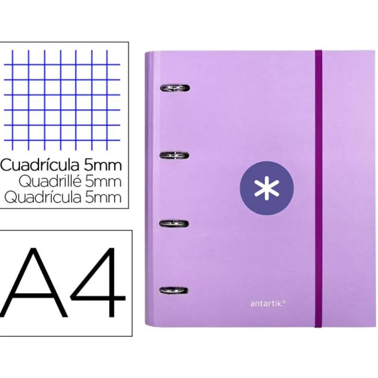 CARPETA CON RECAMBIO LIDERPAPEL ANTARTIK A4 CUADRO 5MM FORRADA 4 ANILLAS 40MM REDONDAS COLOR LAVANDA