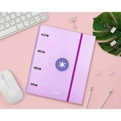 CARPETA CON RECAMBIO LIDERPAPEL ANTARTIK A4 CUADRO 5MM FORRADA 4 ANILLAS 40MM REDONDAS COLOR LAVANDA