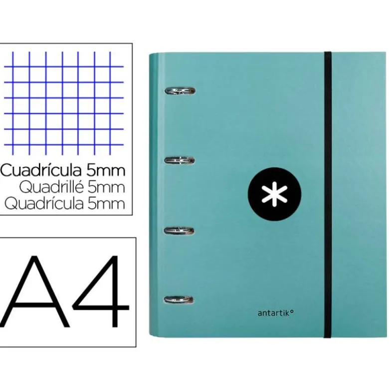 CARPETA CON RECAMBIO LIDERPAPEL ANTARTIK A4 CUADRO 5MM FORRADA 4 ANILLAS 40MM REDONDAS COLOR MENTA