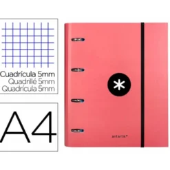 CARPETA CON RECAMBIO LIDERPAPEL ANTARTIK A4 CUADRO 5MM FORRADA 4 ANILLAS 40MM REDONDAS COLOR CORAL