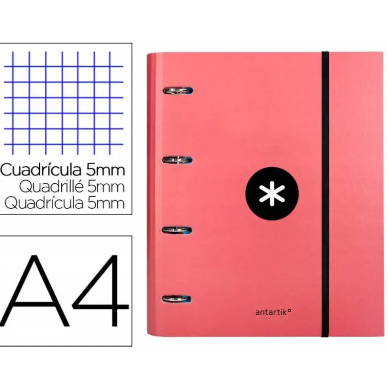 CARPETA CON RECAMBIO LIDERPAPEL ANTARTIK A4 CUADRO 5MM FORRADA 4 ANILLAS 40MM REDONDAS COLOR CORAL