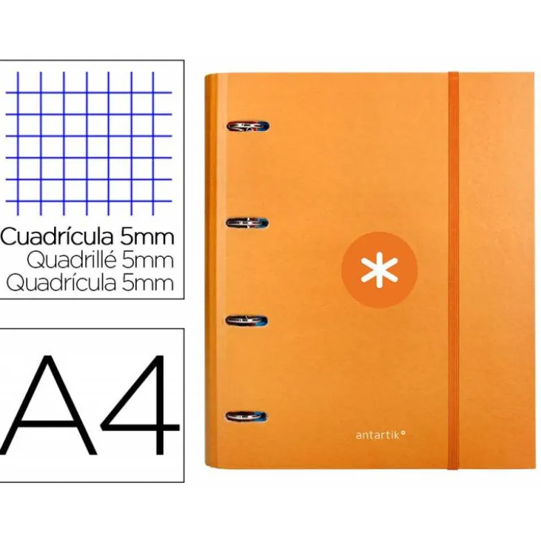 CARPETA CON RECAMBIO LIDERPAPEL ANTARTIK A4 CUADRO 5 MM FORRADA 4 ANILLAS 40MM REDONDAS COLOR MOSTAZA