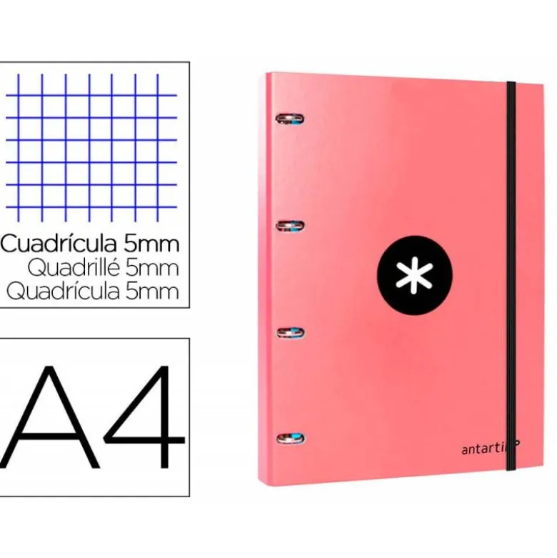 CARPETA CON RECAMBIO LIDERPAPEL ANTARTIK A4 CUADRO 5MM FORRADA 4 ANILLAS 25MM COLOR CORAL