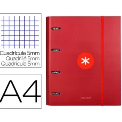 CARPETA CON RECAMBIO LIDERPAPEL ANTARTIK A4 CUADRO 5 MM FORRADA 4 ANILLAS 40MM REDONDAS COLOR FRAMBUESA