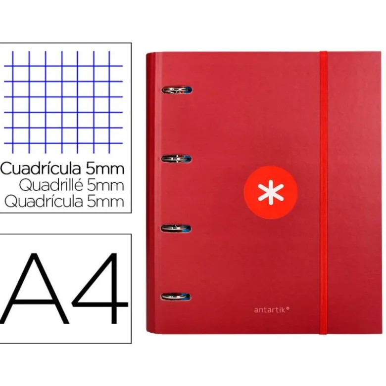 CARPETA CON RECAMBIO LIDERPAPEL ANTARTIK A4 CUADRO 5 MM FORRADA 4 ANILLAS 40MM REDONDAS COLOR FRAMBUESA