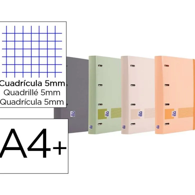 CARPETA CON RECAMBIO OXFORD EUROPEANBINDER BOREAL DIN A4+ 4 ANILLAS 35 MM RECAMBIO 100 HOJAS CUADRO 5 MM COLORES