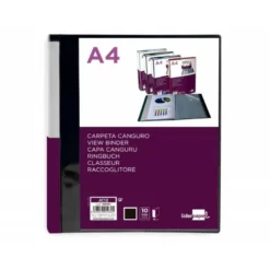 CARPETA LIDERPAPEL 10 FUNDAS CANGURO PP DIN A4 NEGRO OPACO PORTADA Y LOMO PERSONALIZABLE