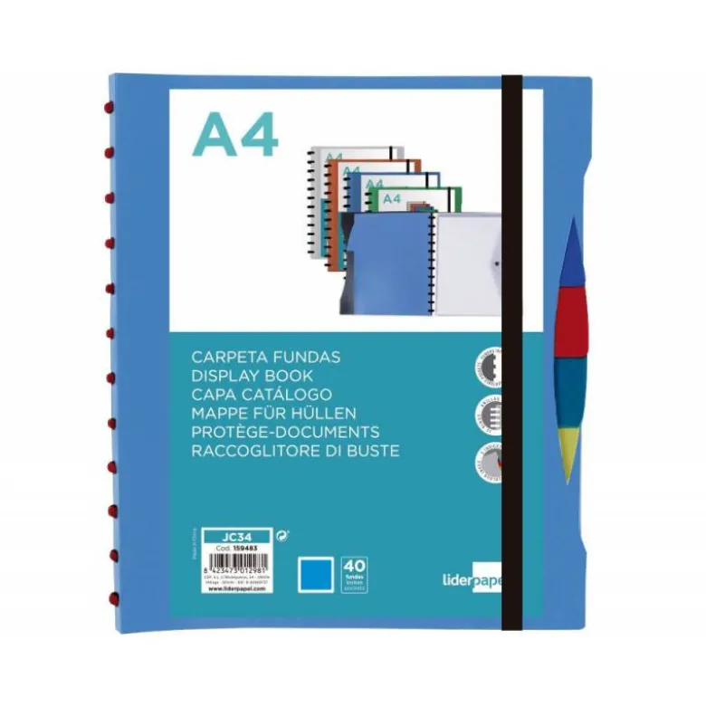 CARPETA LIDERPAPEL A4 CON 40 FUNDAS INTERCAMBIABLES 5 SEP SOBRE Y GOMILLA PORTADA Y LOMO PERSONALIZABLE AZUL