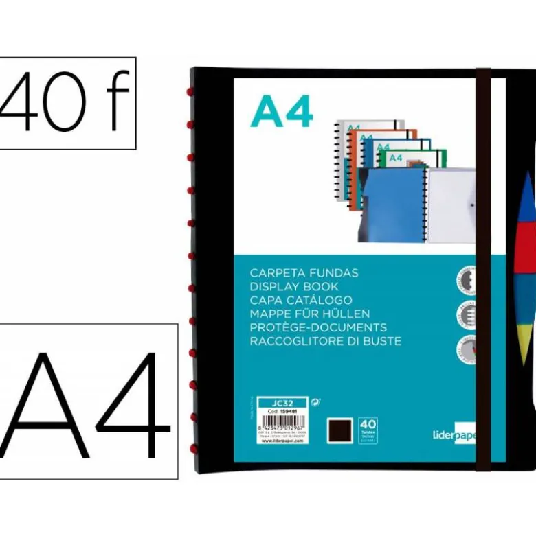 CARPETA LIDERPAPEL A4 CON 40 FUNDAS INTERCAMBIABLES 5 SEP SOBRE Y GOMILLA PORTADA Y LOMO PERSONALIZABLE NEGRO