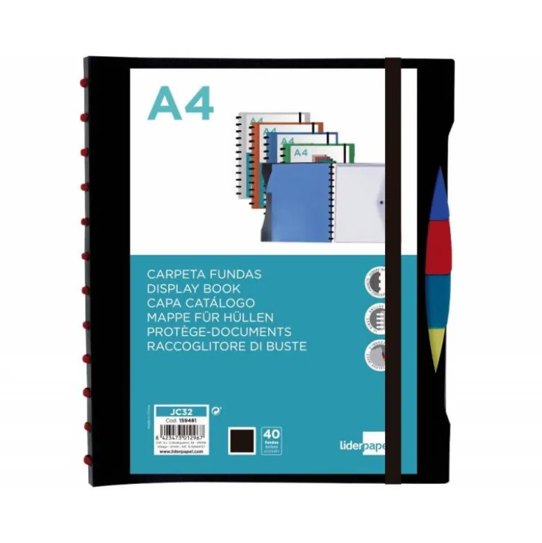 CARPETA LIDERPAPEL A4 CON 40 FUNDAS INTERCAMBIABLES 5 SEP SOBRE Y GOMILLA PORTADA Y LOMO PERSONALIZABLE NEGRO
