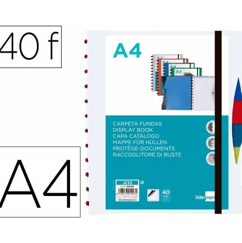 CARPETA LIDERPAPEL A4 CON 40 FUNDAS INTERCAMBIABLES 5 SEP SOBRE Y GOMILLA PORTADA Y LOMOPERSONALIZABLE TRANSPARENTE