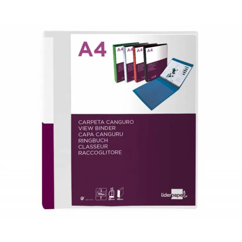 CARPETA LIDERPAPEL CANGURO 2 ANILLAS 25 MM MIXTAS POLIPROPILENO DIN A4 TRANSPARENTE